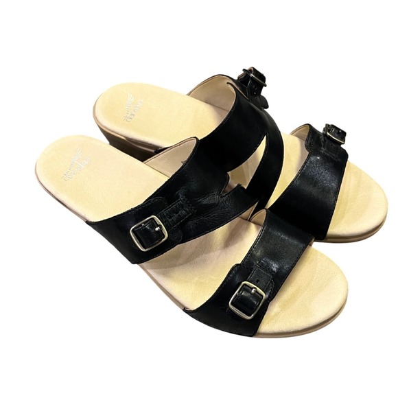 Dansko Delphine‎ Women\'s 42 Black Leather Wedge Sandals Comfort Platform Slides main image 1